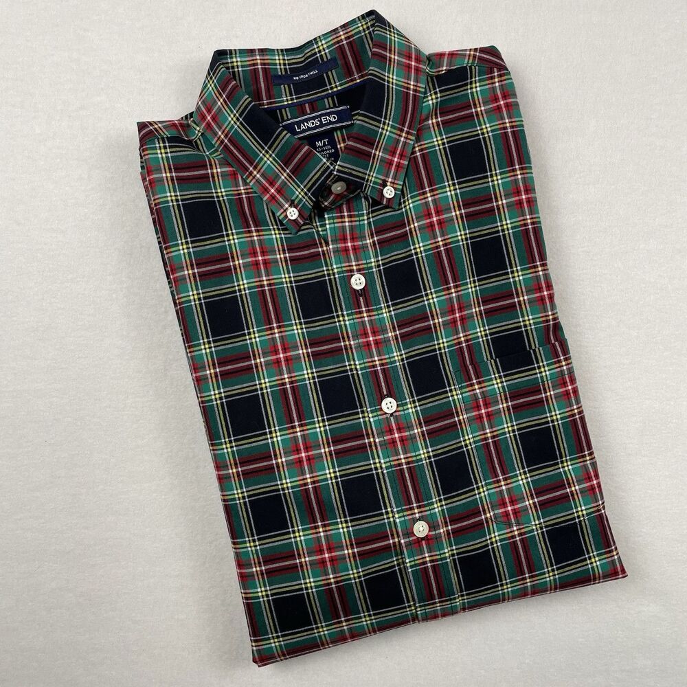 Lands' End Mens Button Down Long Sleeve Black  Windowpane Plaid- M/T (15-15 1/2)